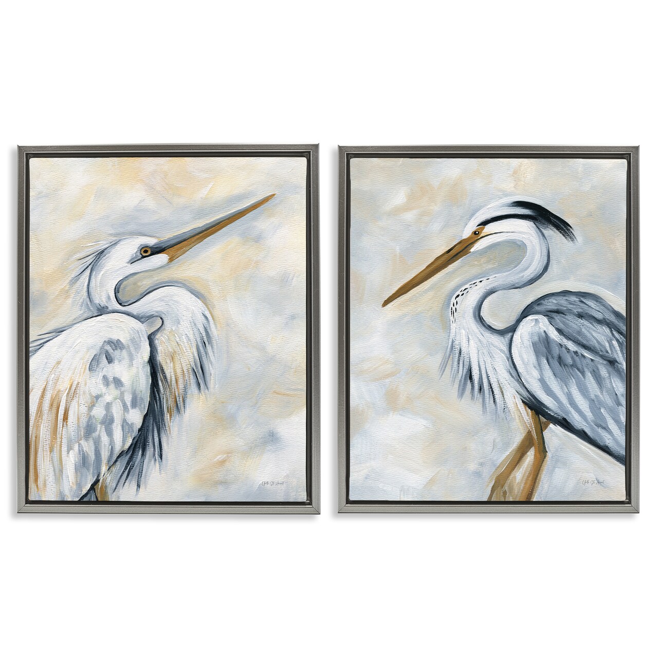 Stupell Industries White Egret Blue Heron 2 pc Framed Floater Canvas Wall Art Set Design by Yvette St. Amant